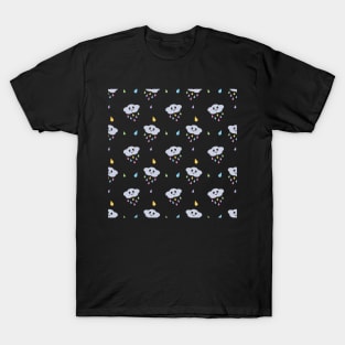 Kawaii Cute Raining Rainbow Clouds Pattern in Black T-Shirt